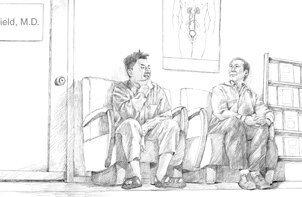 Ilustración de un hombre asiático de mediana edad y un hombre asiático joven sentados en la sala de espera del consultorio médico.