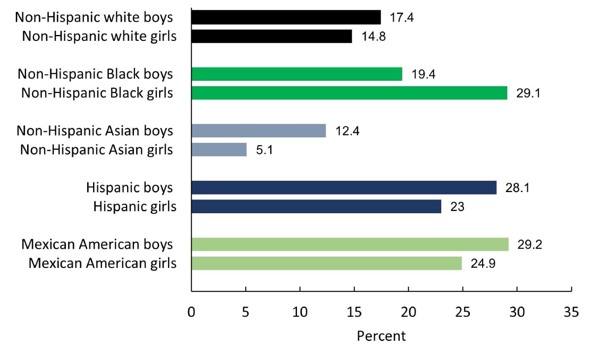 A bar chart showing the prevalence of obesity among children and adolescents ages 2 to 19 years by sex, race, and Hispanic origin in United States between 2017–2018. The prevalence rate for obesity was 17.4% among non-Hispanic white boys, 14.8% among non-Hispanic white girls, 19.4% among non-Hispanic Black boys, 29.1% non-Hispanic Black girls, 12.4% among non-Hispanic Asian boys, 5.1% among non-Hispanic Asian girls, 29.2% among Mexican American boys, and 24.9% among Mexican American girls.